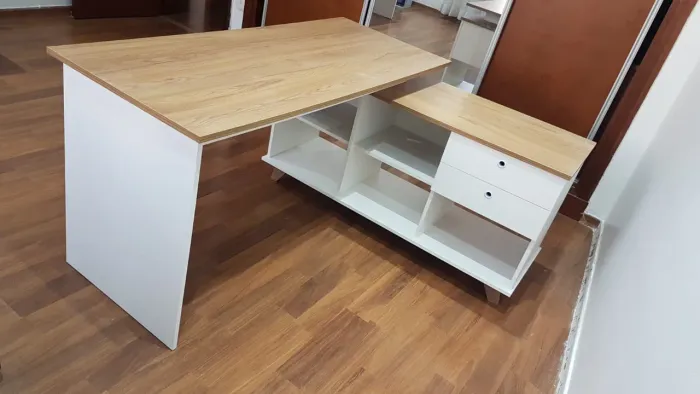 Escrivaninha Retrô em L Mesa Escritório com 5 nichos e 2 gavetas