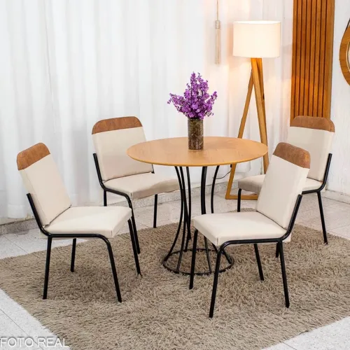 Mesa Malta Redonda 90x90 Naturale Base Ônix Preto Fosco + 4 Cadeiras Entrega Rápida