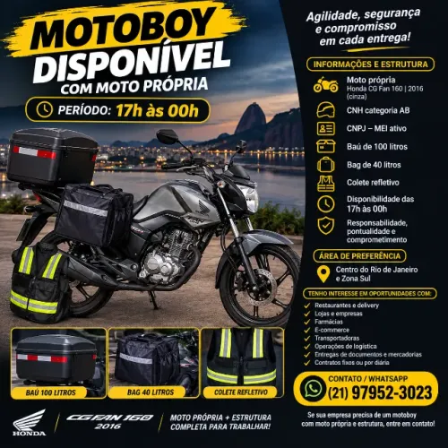 Motoboy com Moto Própria - Disponibilidade das 17h às 00h - Centro/Zona Sul RJ