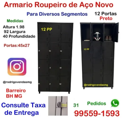 Roupeiro de aço 12 portas Armario preto escaninho comercio volume indústria academia loja