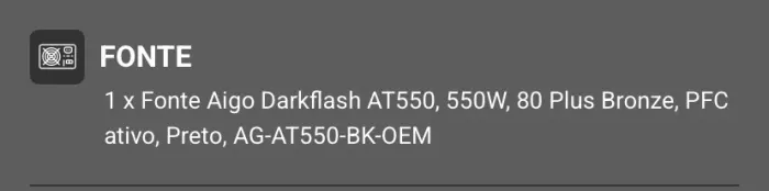 Fonte Aigo Darkflash AT550W 80 Plus Bronze (Nota Fiscal Jun/26 / Semimova)