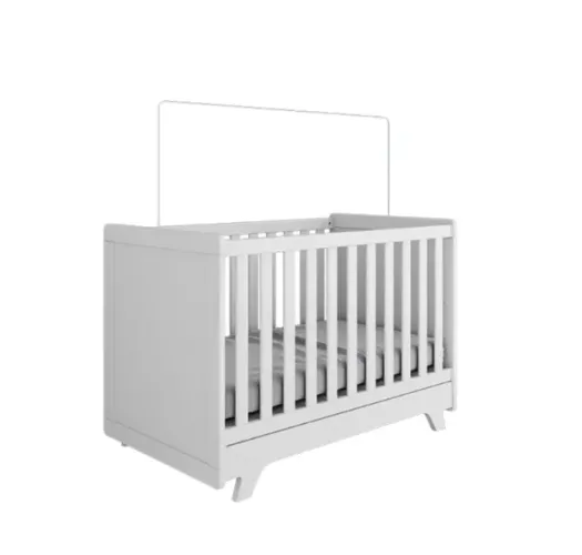 Berço que vira cama, banheira com suporte e trocador para cômoda.