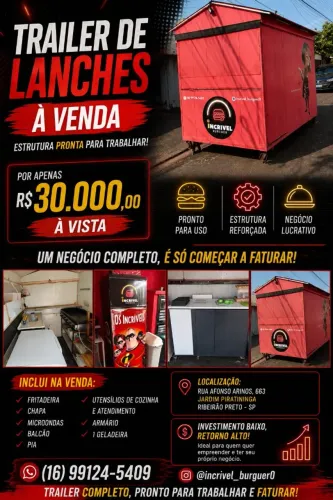 Trailer de Lanches Completo Equipado Pronto para Trabalhar