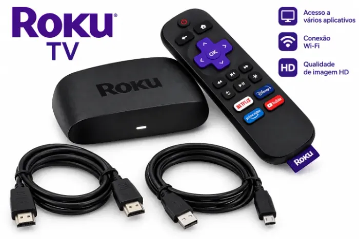 Roku TV Express com Controle e Cabos - Funcionando