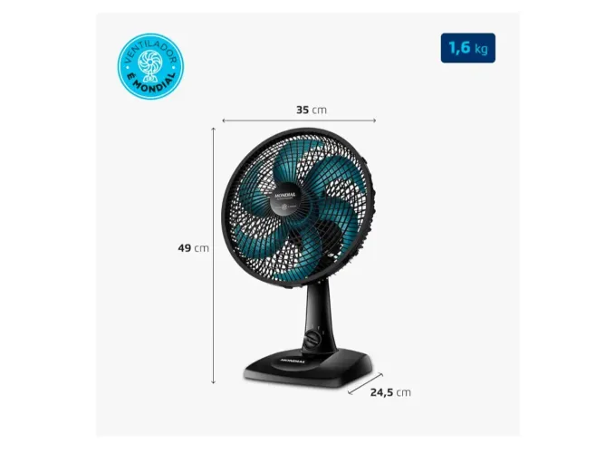 Ventilador mondial de Mesa 30cm Super Power, Preto/Azul Petróleo, 60W, 110V - VSP-30-AP