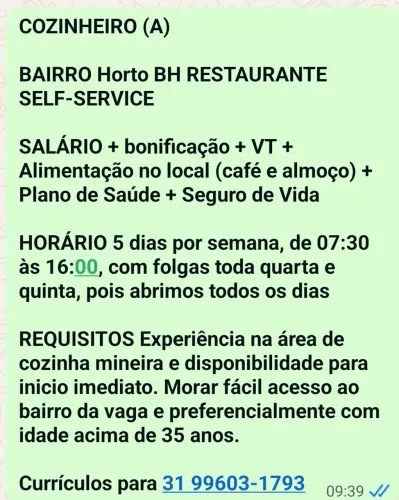 VAGA PARA COZINHEIRA(O) CLT