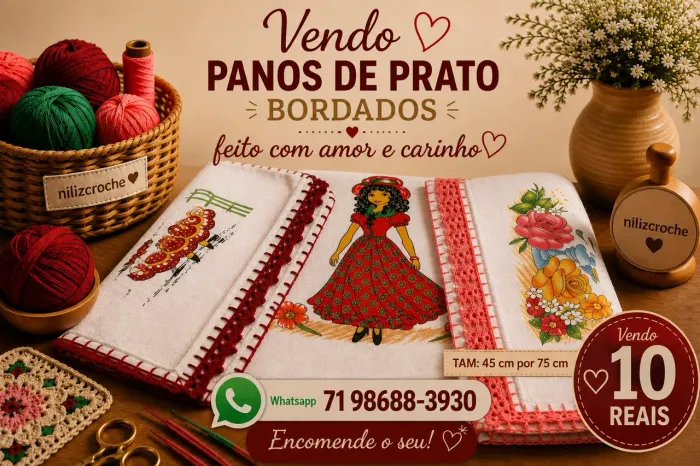 Vendo panos de prato bordados em crochê