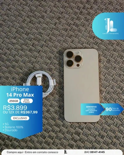 IPHONE 14 PRO MAX, 5G, CHIP FÍSICO, 256GB, DOURADO, SEMINOVO EXCLUSIVO!