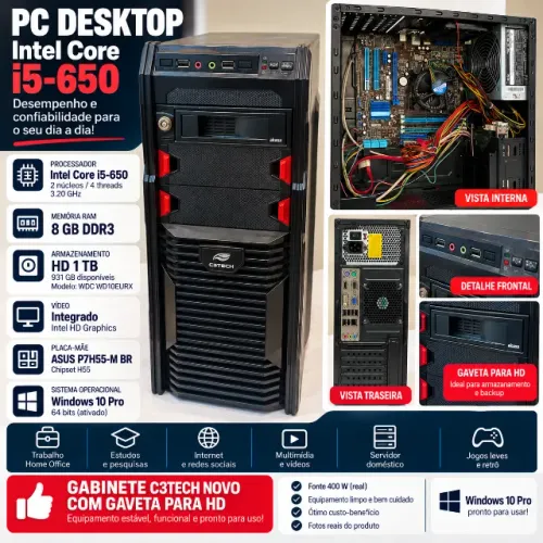 PC Desktop Intel Core i5 8GB RAM HD 1TB | Gabinete C3Tech Novo (SKU02)