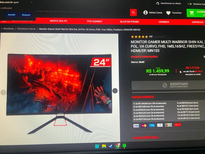 Monitor gamer Warrior 165hz 24pol.