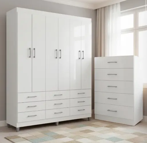 Guarda-Roupa Casal Montano 6 Portas com Cômoda 5 Gavetas Branco