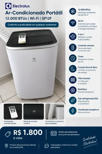 Ar-Condicionado Portátil Electrolux 12.000 BTUs Wi-Fi - SP12F