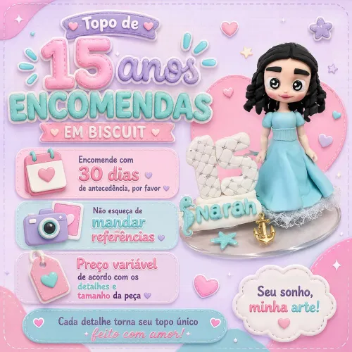 Topo de bolo 15 anos, personalizado em biscuit
