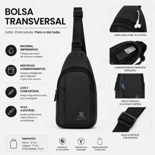 Bolsa Transversal Impermeável Premium - Estilo e Praticidade no Dia a Dia