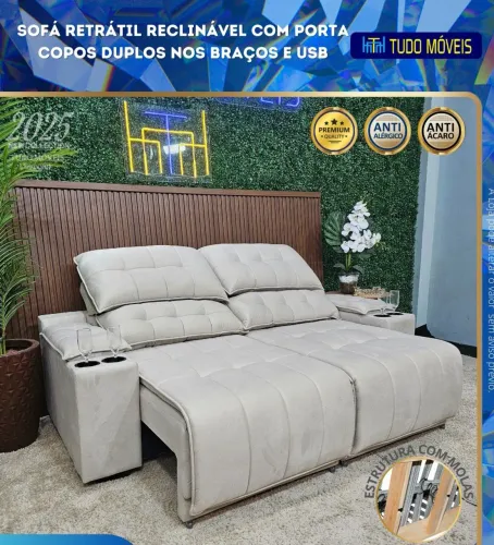 SOFA RETRÁTIL E RECLINÁVEL COM PORTA-COPOS E ENTRADA USB INTEGRADO