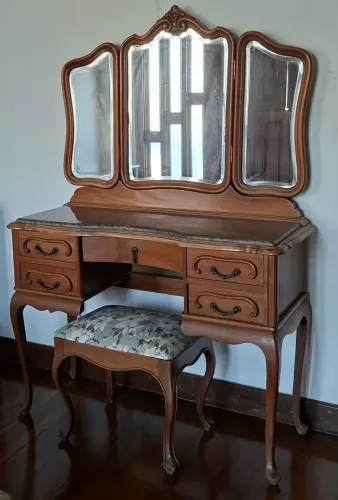 Penteadeira Antiga Chippendale Legítima + Banqueta (Estado de Relíquia)