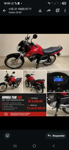 Moto 160 start mais com roupa de Fan com financiamento com 17 parcelas de 552