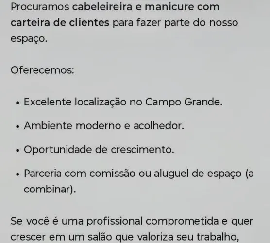 Vagas para cabeleleira e manicure 