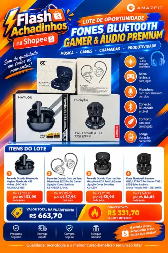 Lote de Oportunidade Flash - Fones Bluetooth Gamer & Áudio Premium