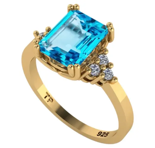 Anel solitário feminino ouro 18k zircônia azul topázio
