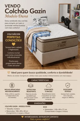 Colchão + Base solteiro Gazin Dunas (colchão 1,88X88X28) (base 1,88X88X27CM)