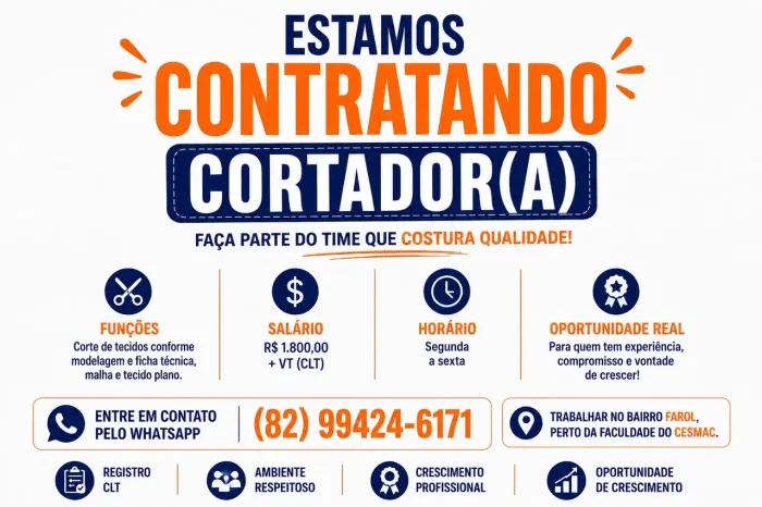 Vaga para Cortador de Tecidos | CLT | Segunda a Sexta