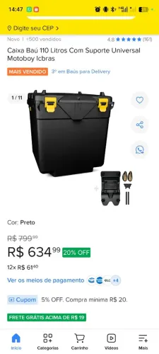 Baú para moto universal 110 litros