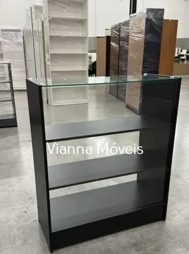 Balcão Vitrine com Vidro Superior - MDF Preto