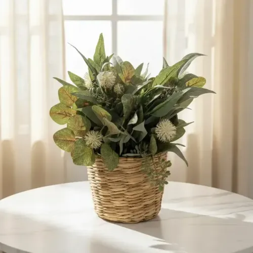 Vaso De Palha Decorativo Com Arranjo Artificial Verde Misto