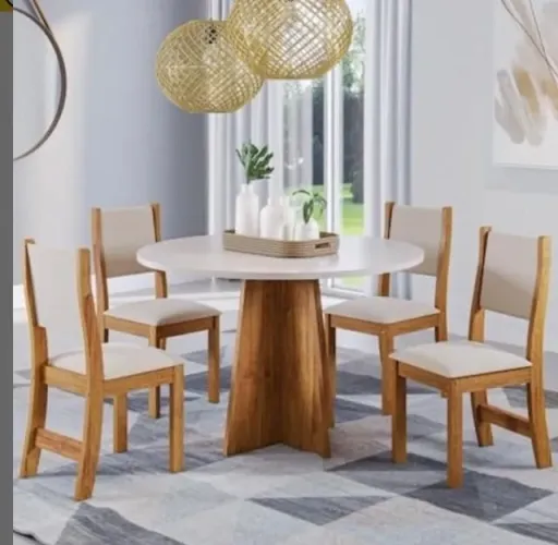 Conjunto Mesa Redonda Verona 90 Mel Blonde com 4 Cadeiras Linho BronzeI