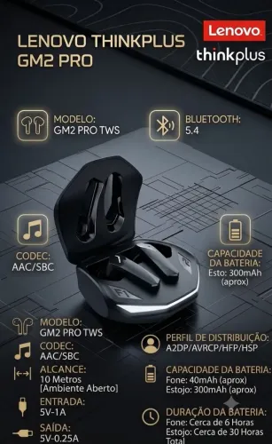 Fone de Ouvido Bluetooth Lenovo Thinkplus GM2 Pro TWS (Novo/Lacrado)<br>