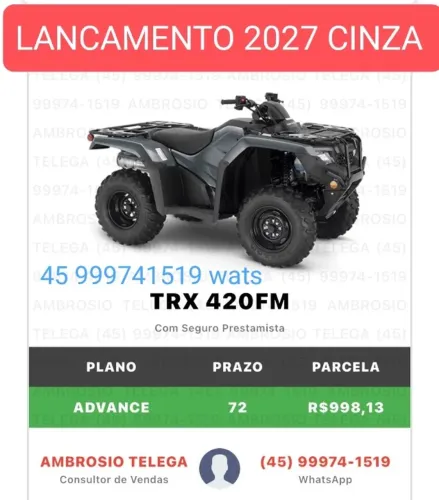 Quadriciclo 2027 okm 4x 4 Honda trx 420 lancamento cinza
