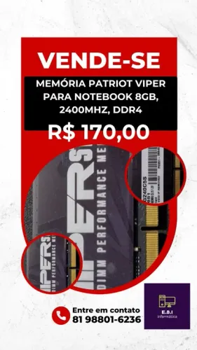 MEMÓRIA PATRIOT VIPER PARA NOTEBOOK 8GB, 2400MHZ, DDR4