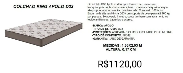 COLCHÃO KING D33 APOLO ESPUMAS 