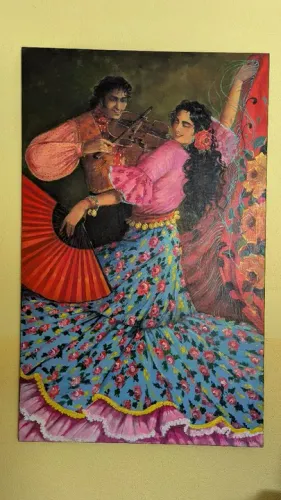 Quadro de pintura a óleo com casal dançando flamenco
