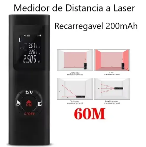 Medidor de Distancia a Lazer 60 metros, Recarregavel. Área/volume/V. Pitagoriano