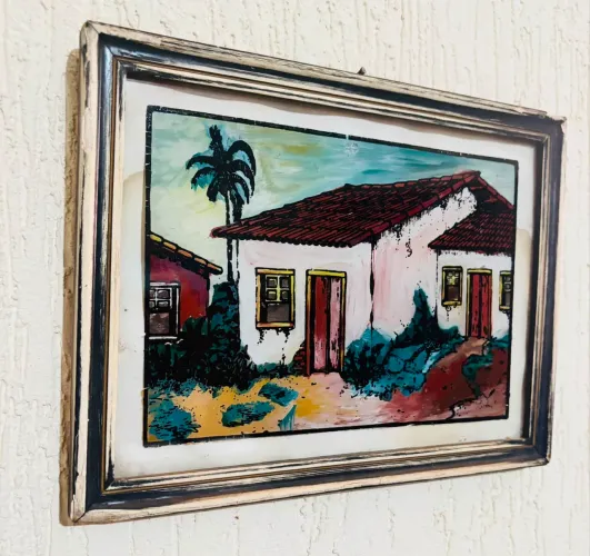 Antigo Quadro Em Vidro Pintura Vila E Casarios Rústico anos 70/80