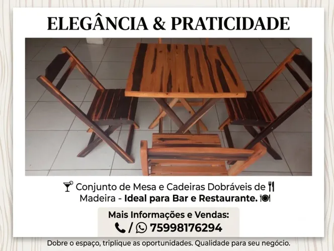 Mesa e cadeira dobrável de madeira ideal para bar e restaurante