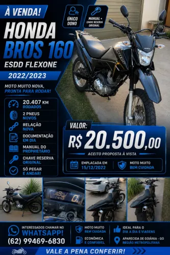 Honda Bros 160 ESDD 2022/2023 | Único Dono | 20 Mil Km | Manual e Chave Reserva