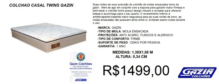 Colchão casal mola ensacada gazin garanta já o seu - temos a pronta entrega