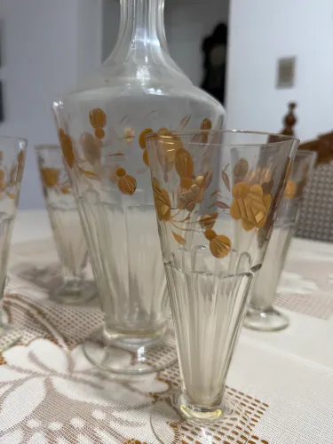 Conjunto Licoreiro Antigo Cristal Art Déco - Garrafa + 4 Copos