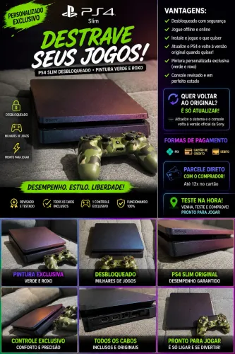 PS4 Slim 1TB Desbloqueado + Controle Camuflado | Pronto para Jogar | Confira!