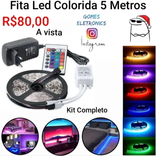 kit Fita Led Colorida com controle remoto e fita adesiva 5 Metros.