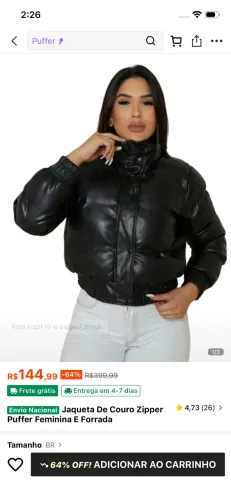Jaqueta De Couro Zipper Puffer Feminina E Forrada