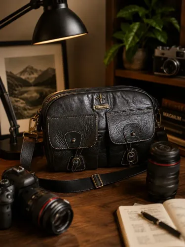 Bolsa em couro para fotógrafo