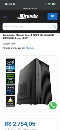 Pc Novíssimo i3 12g/SSD 256GB NMVE/8GB DE RAM
