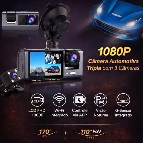 Câmera veicular Full HD com 3 Lentes