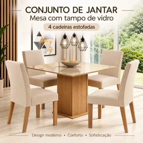 Sala de Jantar Madesa Evelin Mesa Tampo de Vidro com 4 Cadeiras - Rustic/Crema/Imperial