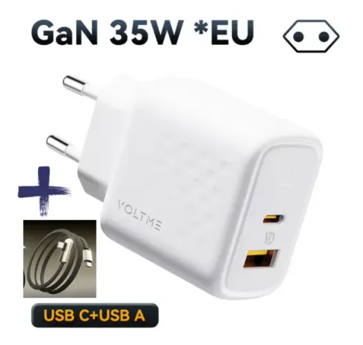 Cabo USB + Carregador celular GaN Voltme 35W (USB-C + USB-A) BRANCO - NOVO!