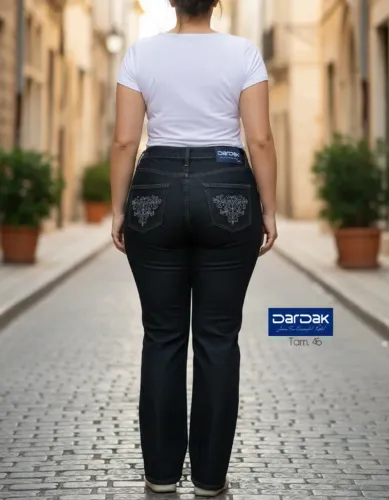 Calça Jeans Feminina Plus Size Preta Bordada Cintura Alta